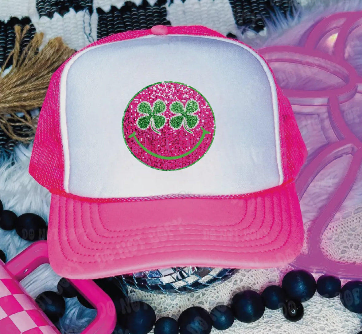 Pink Smiley Clover Trucker Hat